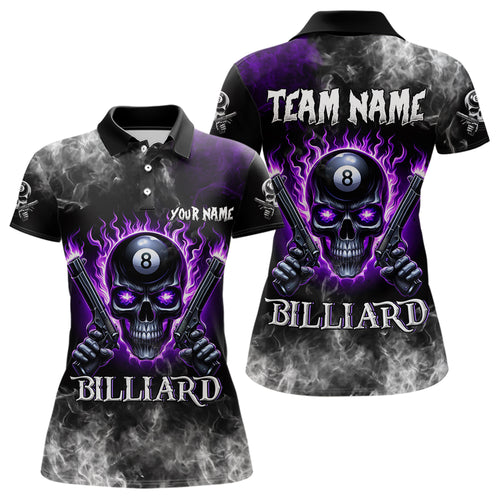 Personalized Purple 8 Ball Fire Flame Gun Skull Smoke Billiard Shirt For Women, Cool Billiard Jersey TDM3604