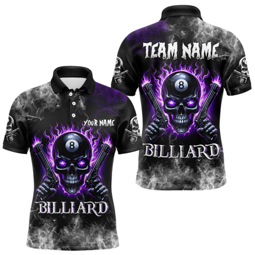 Personalized Purple 8 Ball Fire Flame Gun Skull Smoke Billiard Shirt For Men, Cool Billiard Jersey TDM3604