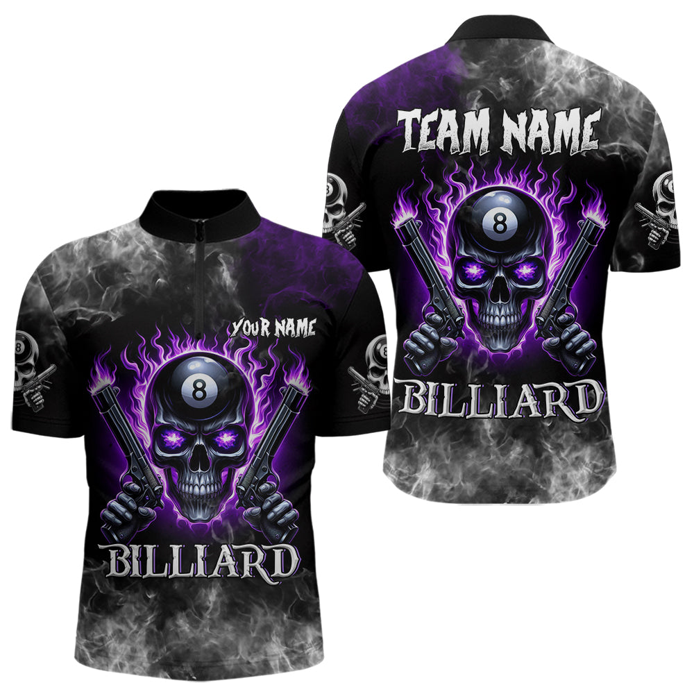 Personalized Purple 8 Ball Fire Flame Gun Skull Smoke Billiard Shirt For Men, Cool Billiard Jersey TDM3604