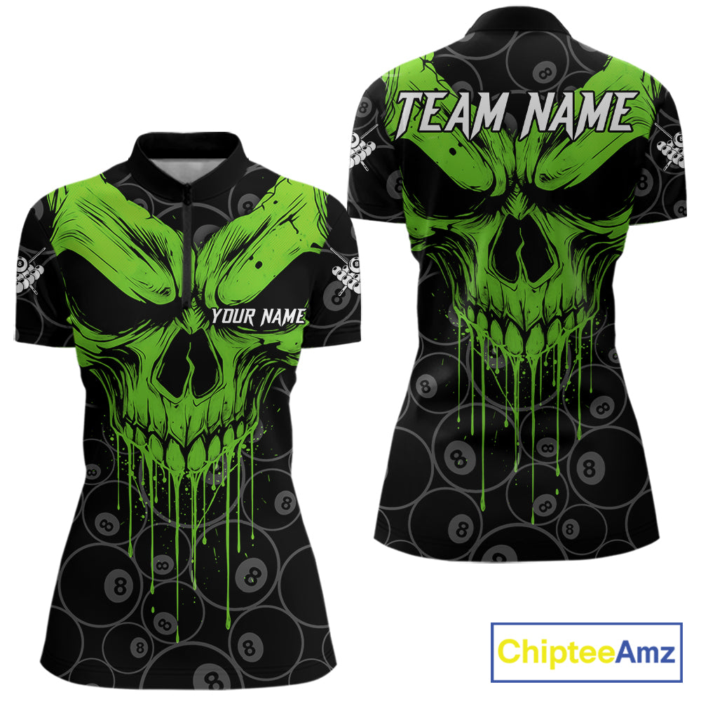 Personalized Skull 8 Ball Billiard Shirt For Women Custom Pool Team Jersey Polo & 1/4 Zip |Green TDM6361