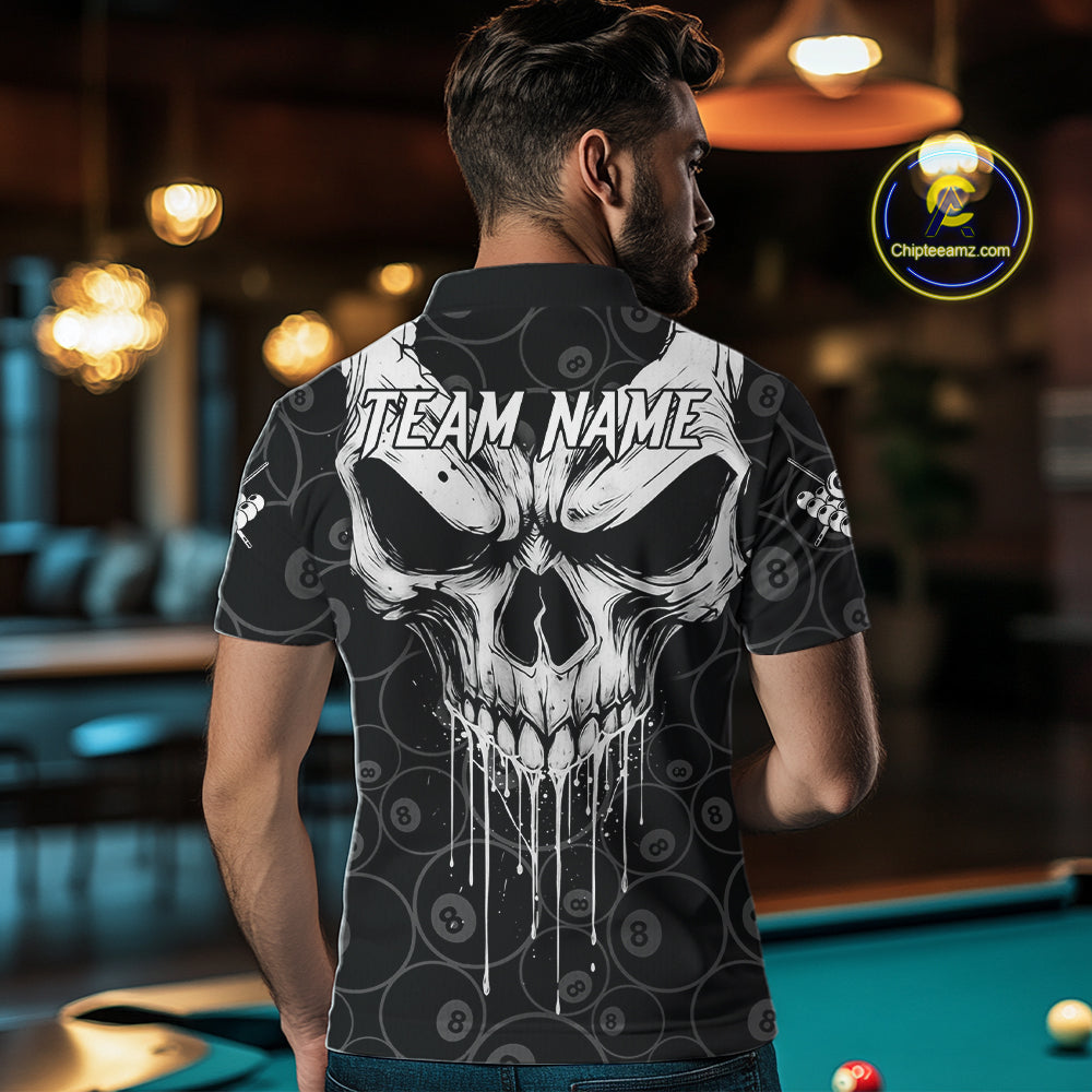 Personalized Skull 8 Ball Billiard Shirt For Men Custom Pool Team Jersey Polo & 1/4 Zip |White TDM6362
