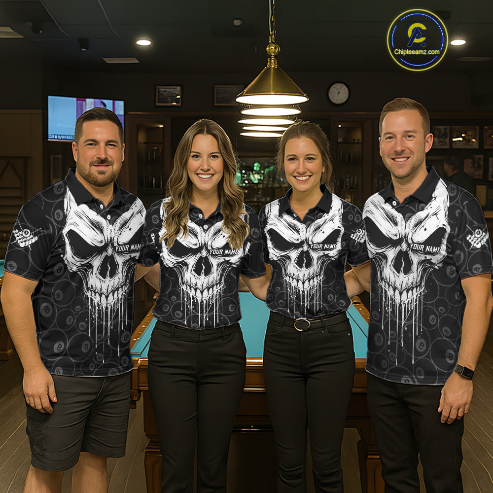Personalized Skull 8 Ball Billiard Shirt For Men Custom Pool Team Jersey Polo & 1/4 Zip |White TDM6362