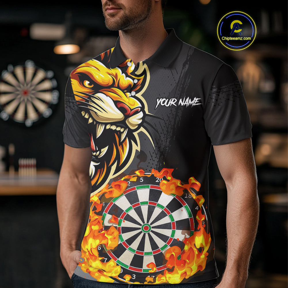 Funny Darts Flame Lion Custom Polo & Quarter-Zip, Personalized Men Dart Shirts Dart Jerseys TDM4033