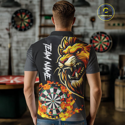 Funny Darts Flame Lion Custom Polo & Quarter-Zip, Personalized Men Dart Shirts Dart Jerseys TDM4033