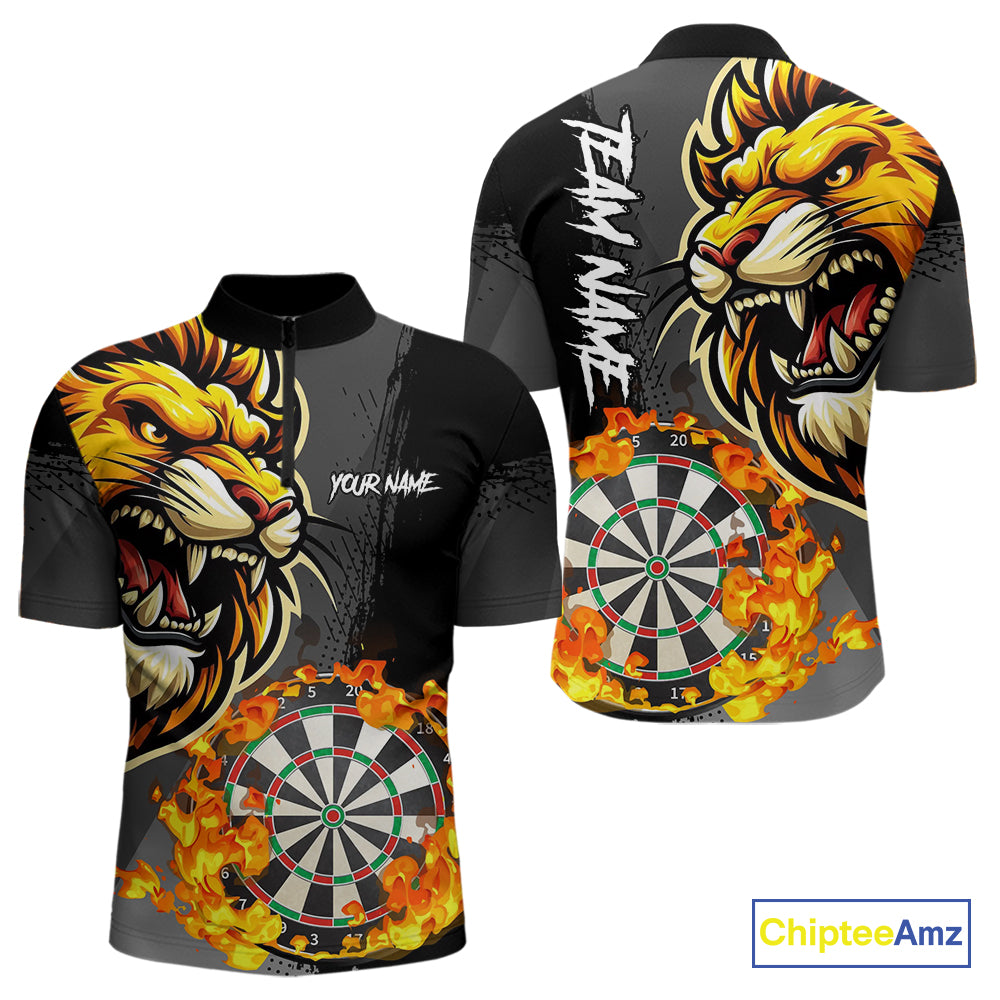 Funny Darts Flame Lion Custom Polo & Quarter-Zip, Personalized Men Dart Shirts Dart Jerseys TDM4033