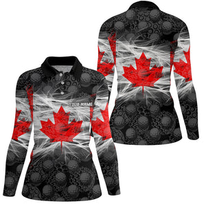 Black Womens Golf Polo Shirts Red Canada Leaf Custom Patriotic Canadian Flag Golf Shirts For Ladies TDM1851