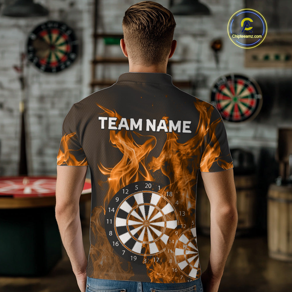 Orange Flaming Dartboard Darts Polo & Quarter Zip Custom Dart Shirts For Men Team Dart Jerseys TDM4229