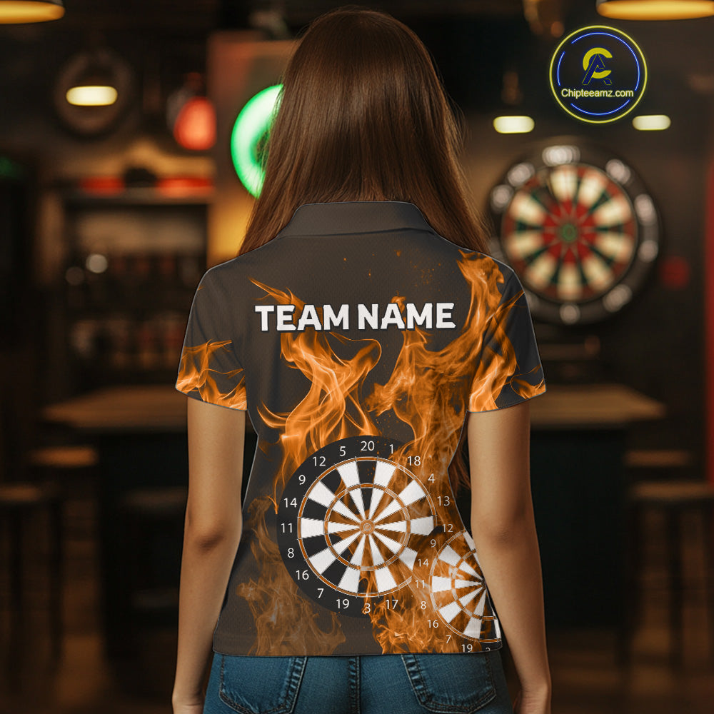 Orange Flaming Dartboard Darts Polo & Quarter Zip Custom Dart Shirts For Women Team Dart Jerseys TDM4229