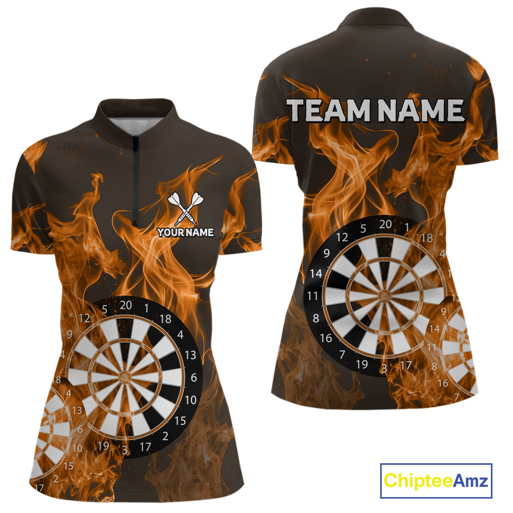 Orange Flaming Dartboard Darts Polo & Quarter Zip Custom Dart Shirts For Women Team Dart Jerseys TDM4229