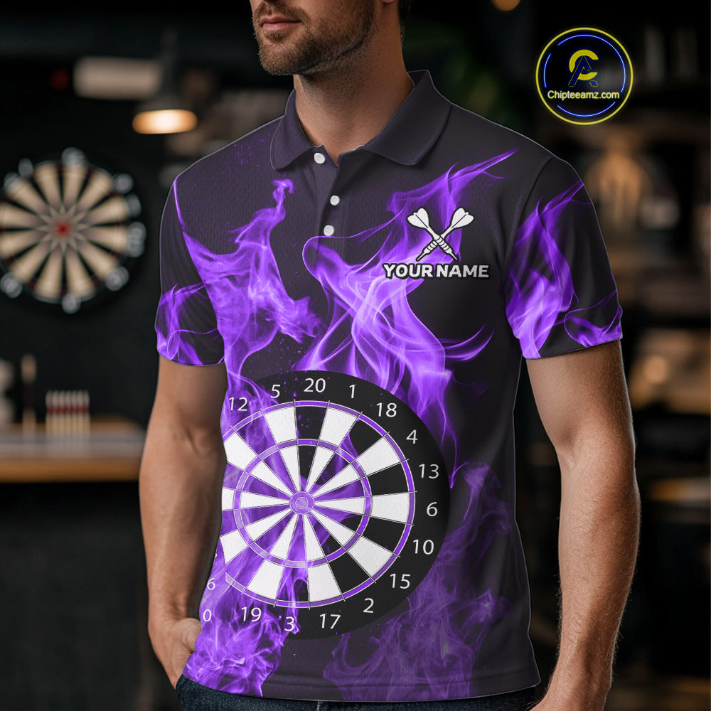 Purple Flaming Dartboard Darts Polo & Quarter Zip Custom Dart Shirts For Men Team Dart Jerseys TDM4230