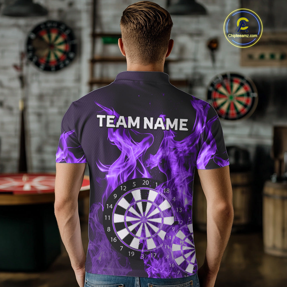 Purple Flaming Dartboard Darts Polo & Quarter Zip Custom Dart Shirts For Men Team Dart Jerseys TDM4230