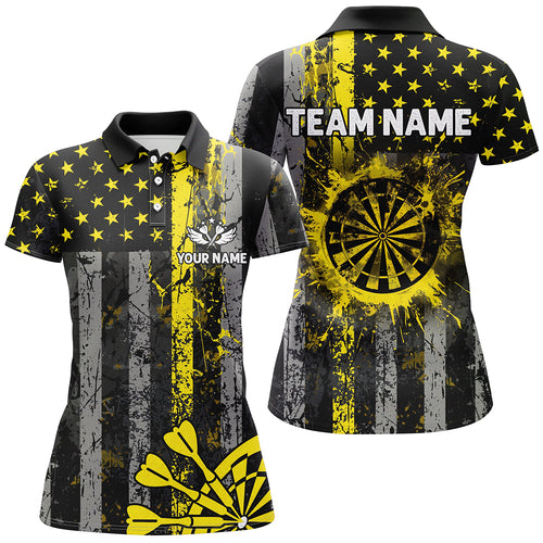 Custom Yellow Grunge US Flag Patriotic Darts Shirt For Women, Retro Darts Board Darts Team Jerseys TDM2069