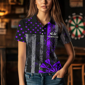 Custom Purple Grunge US Flag Patriotic Darts Shirt For Women, Retro Darts Board Darts Team Jerseys TDM2070