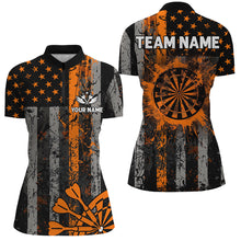 Load image into Gallery viewer, Custom Orange Grunge US Flag Patriotic Darts Shirt For Women, Retro Darts Board Darts Team Jerseys TDM2272