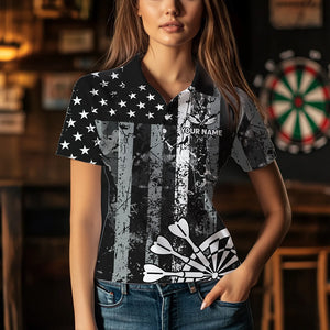 Custom Black Grunge US Flag Patriotic Darts Shirt For Women, Retro Darts Board Darts Team Jerseys TDM2273