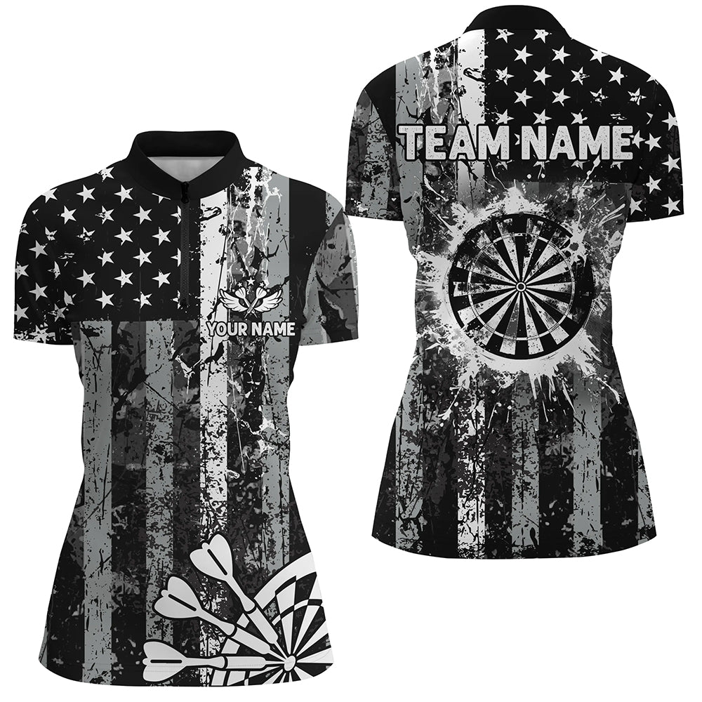 Custom Black Grunge US Flag Patriotic Darts Shirt For Women, Retro Darts Board Darts Team Jerseys TDM2273