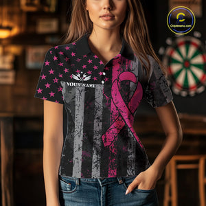 Custom Pink Ribbon Grunge American Flag Patriotic Darts Shirt For Women, Breast Cancer Darts Jersey TDM4623