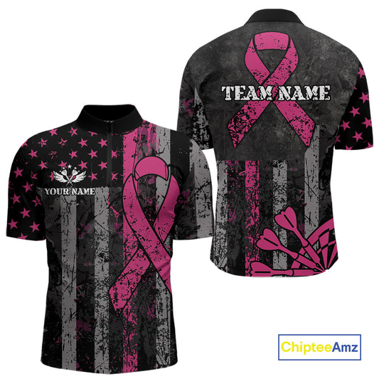Custom Pink Ribbon Grunge American Flag Patriotic Darts Shirt For Men, Breast Cancer Darts Jersey TDM4623