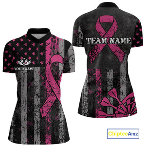 Custom Pink Ribbon Grunge American Flag Patriotic Darts Shirt For Women, Breast Cancer Darts Jersey TDM4623