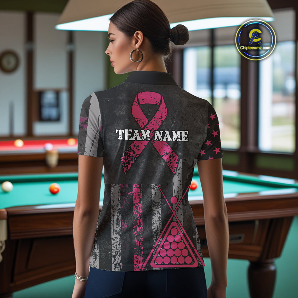 Custom Pink Ribbon Grunge US Flag Billiard Shirt For Women, Patriotic Breast Cancer Pool Team Jersey TDM4624