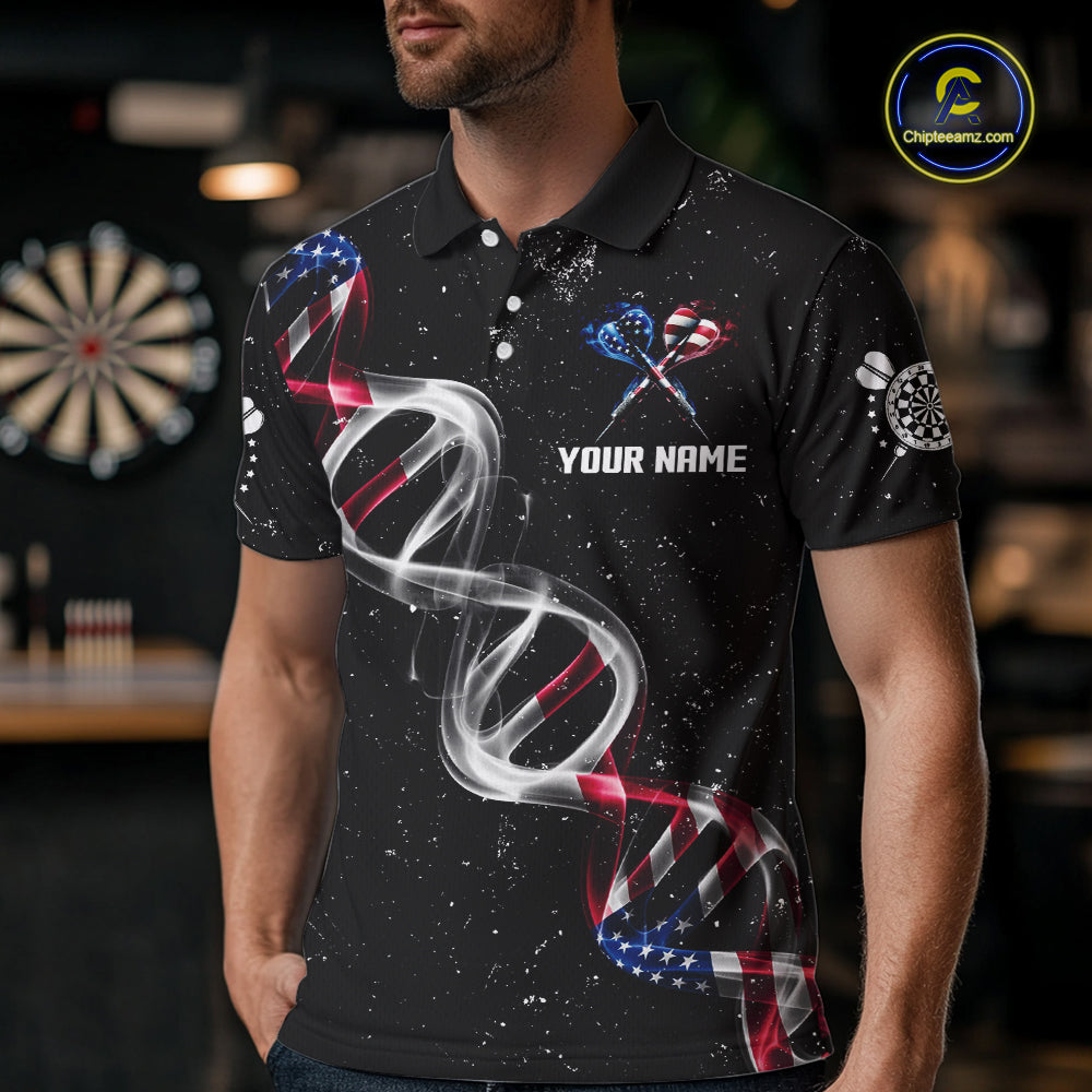 Custom American Flag Smoke DNA Darts Jersey Polo & 1/4 Zip For Men, Patriotic Darts Team Jersey TDM4626