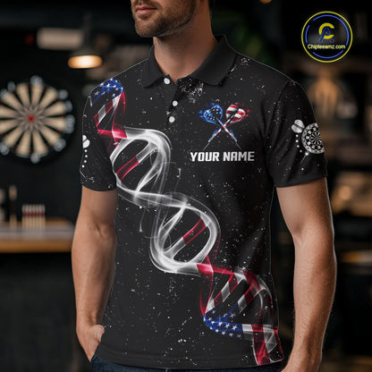 Custom American Flag Smoke DNA Darts Jersey Polo & 1/4 Zip For Men, Patriotic Darts Team Jersey TDM4626