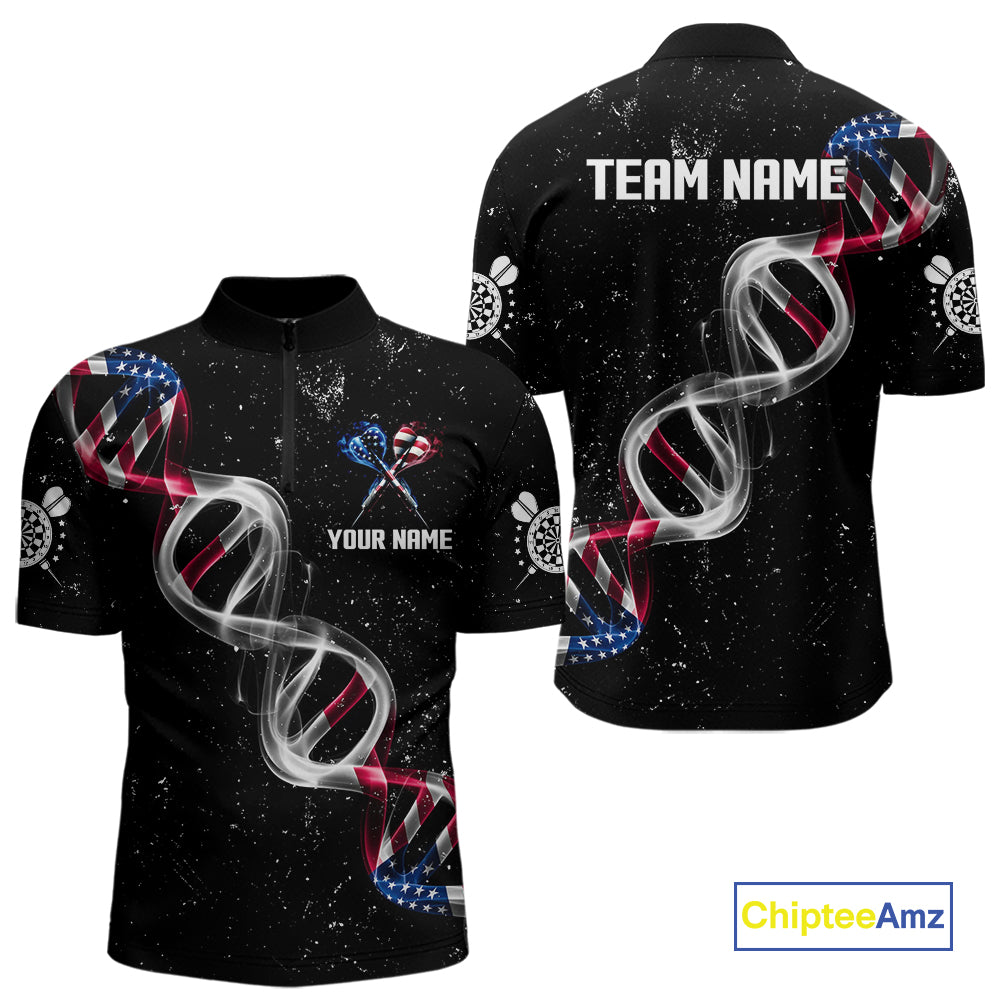 Custom American Flag Smoke DNA Darts Jersey Polo & 1/4 Zip For Men, Patriotic Darts Team Jersey TDM4626