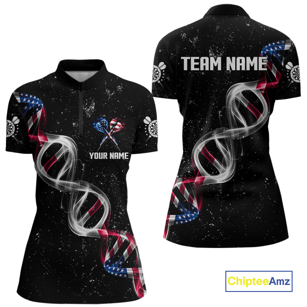 Custom American Flag Smoke DNA Darts Jersey Polo & 1/4 Zip For Women, Patriotic Darts Team Jersey TDM4626
