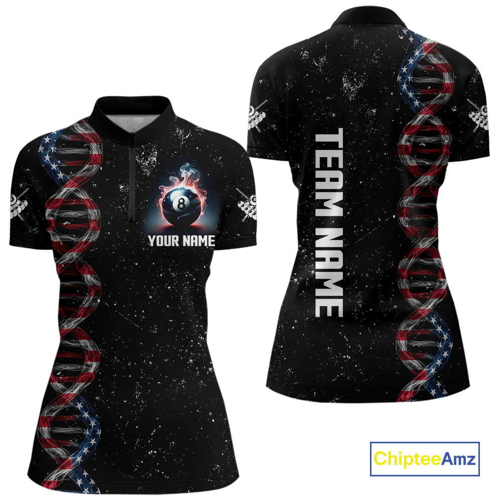 Women's Custom DNA American Flag Smoke 8 Ball Billiard Shirt, Patriotic Pool Jersey Polo & 1/4 Zip TDM4627