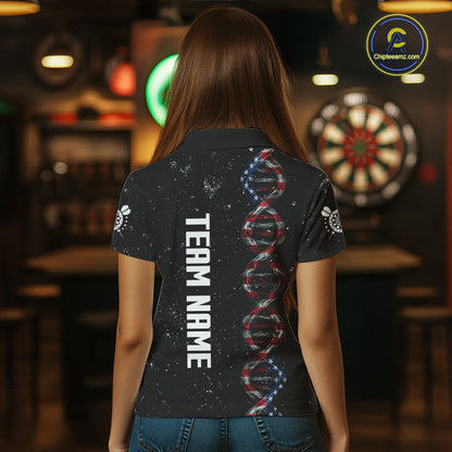 Custom Women's Black Grunge DNA American Flag Smoke Darts Shirt, Patriotic Dart Jersey Polo, 1/4 Zip TDM4628