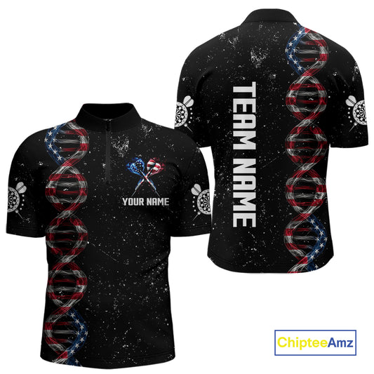 Custom Men's Black Grunge DNA American Flag Smoke Darts Shirt, Patriotic Dart Jersey Polo, 1/4 Zip TDM4628