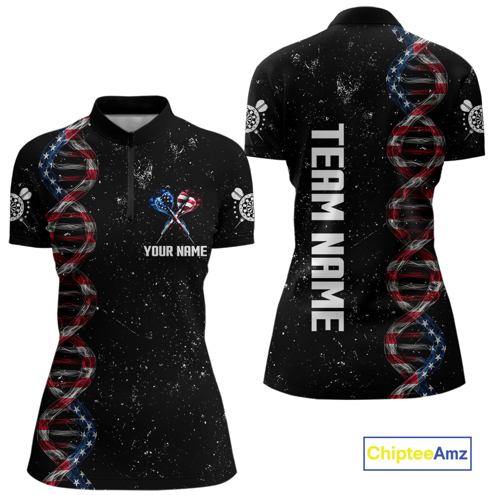 Custom Women's Black Grunge DNA American Flag Smoke Darts Shirt, Patriotic Dart Jersey Polo, 1/4 Zip TDM4628