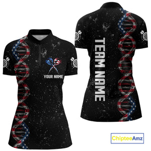 Custom Women's Black Grunge DNA American Flag Smoke Darts Shirt, Patriotic Dart Jersey Polo, 1/4 Zip TDM4628