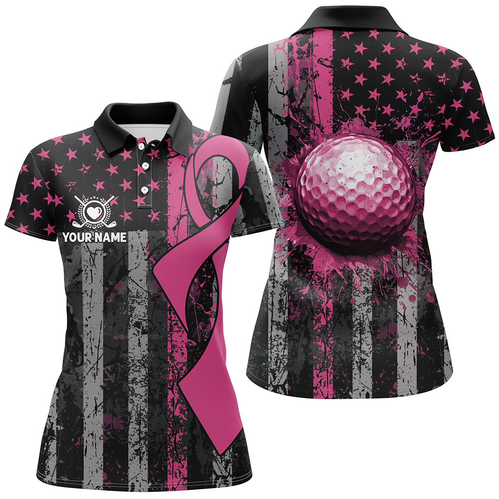 Pink Ribbon Breast Cancer Awareness Womens Golf Polo Shirts Custom Patriotic US Flag Golf Gifts TDM2540