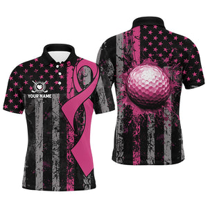 Pink Ribbon Breast Cancer Awareness Mens Golf Polo Shirts Custom Patriotic US Flag Golf Gifts TDM2540