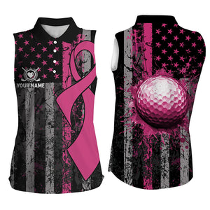 Pink Ribbon Breast Cancer Awareness Womens Sleeveless Golf Polo Shirts Custom US Flag Golf Gifts TDM2540