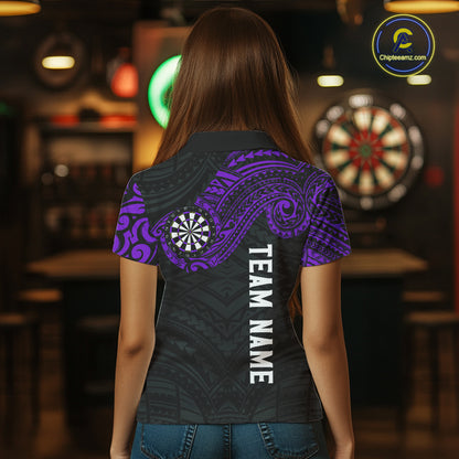Personalized Black And Purple Tribal Darts Shirt For Women Custom Darts Jersey Team Polo & 1/4 Zip TDM4825