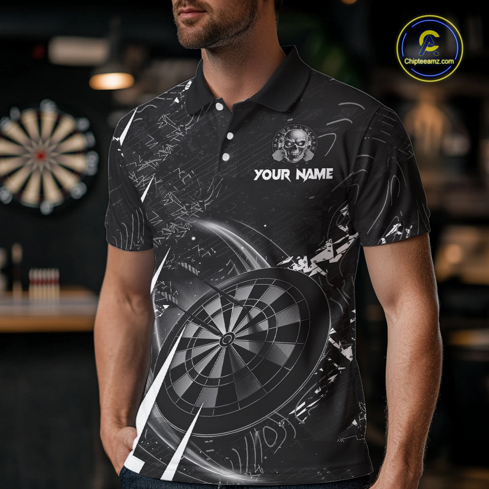 White Black 3D Skull Darts Polo & 1/4 Zip For Men Custom Darts League Team Jersey, Best Darts Gift TDM4828