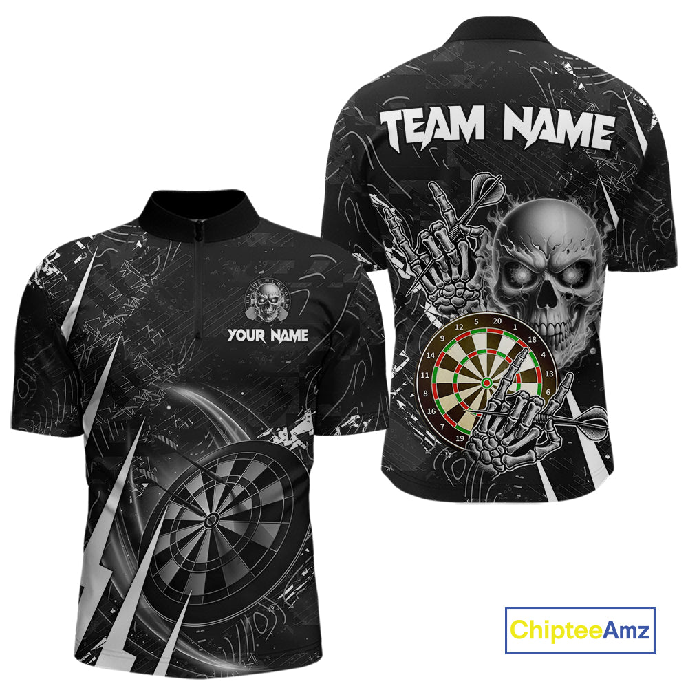 White Black 3D Skull Darts Polo & 1/4 Zip For Men Custom Darts League Team Jersey, Best Darts Gift TDM4828