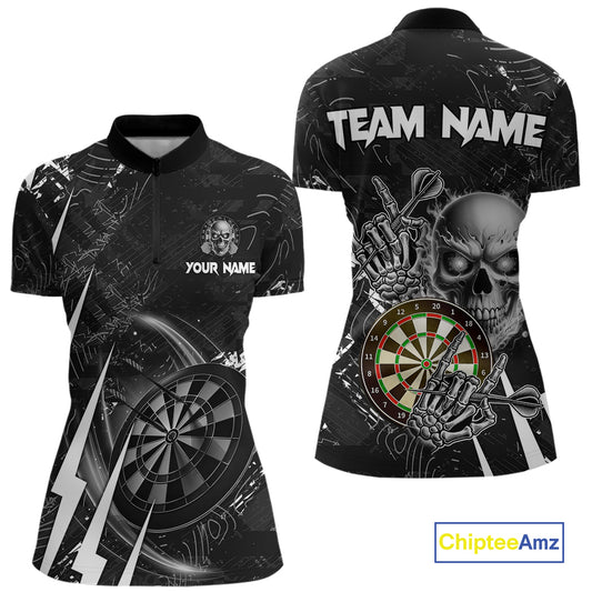White Black 3D Skull Darts Polo & 1/4 Zip For Women Custom Darts League Team Jersey, Best Darts Gift TDM4828