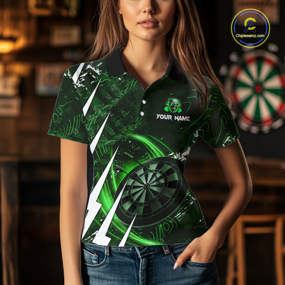 Green 3D Skull Darts Polo & 1/4 Zip For Women Custom Darts League Team Jersey, Best Darts Gifts TDM4829