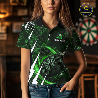 Green 3D Skull Darts Polo & 1/4 Zip For Women Custom Darts League Team Jersey, Best Darts Gifts TDM4829