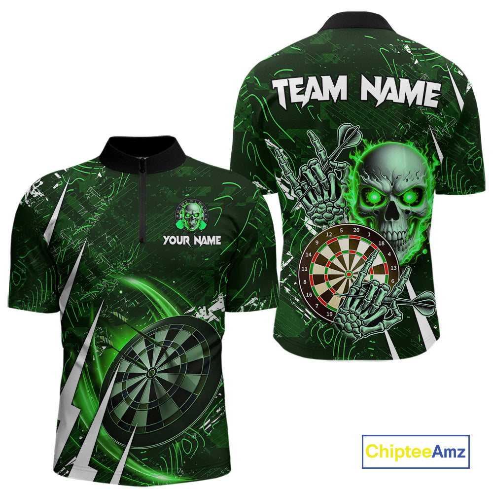 Green 3D Skull Darts Polo & 1/4 Zip For Men Custom Darts League Team Jersey, Best Darts Gifts TDM4829
