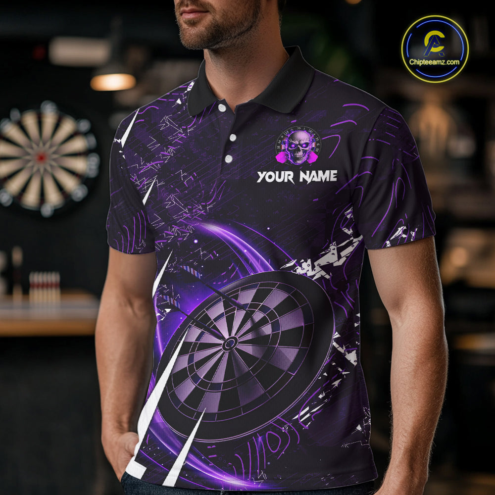 Purple 3D Skull Darts Polo & 1/4 Zip For Men Custom Darts League Team Jersey, Best Darts Gifts TDM4830