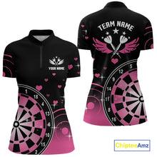 Load image into Gallery viewer, Pink And Black Darts Wings Polo &amp; Quarter Zip Custom Darts Shirt For Women, Valentine Darts Gifts TDM5765