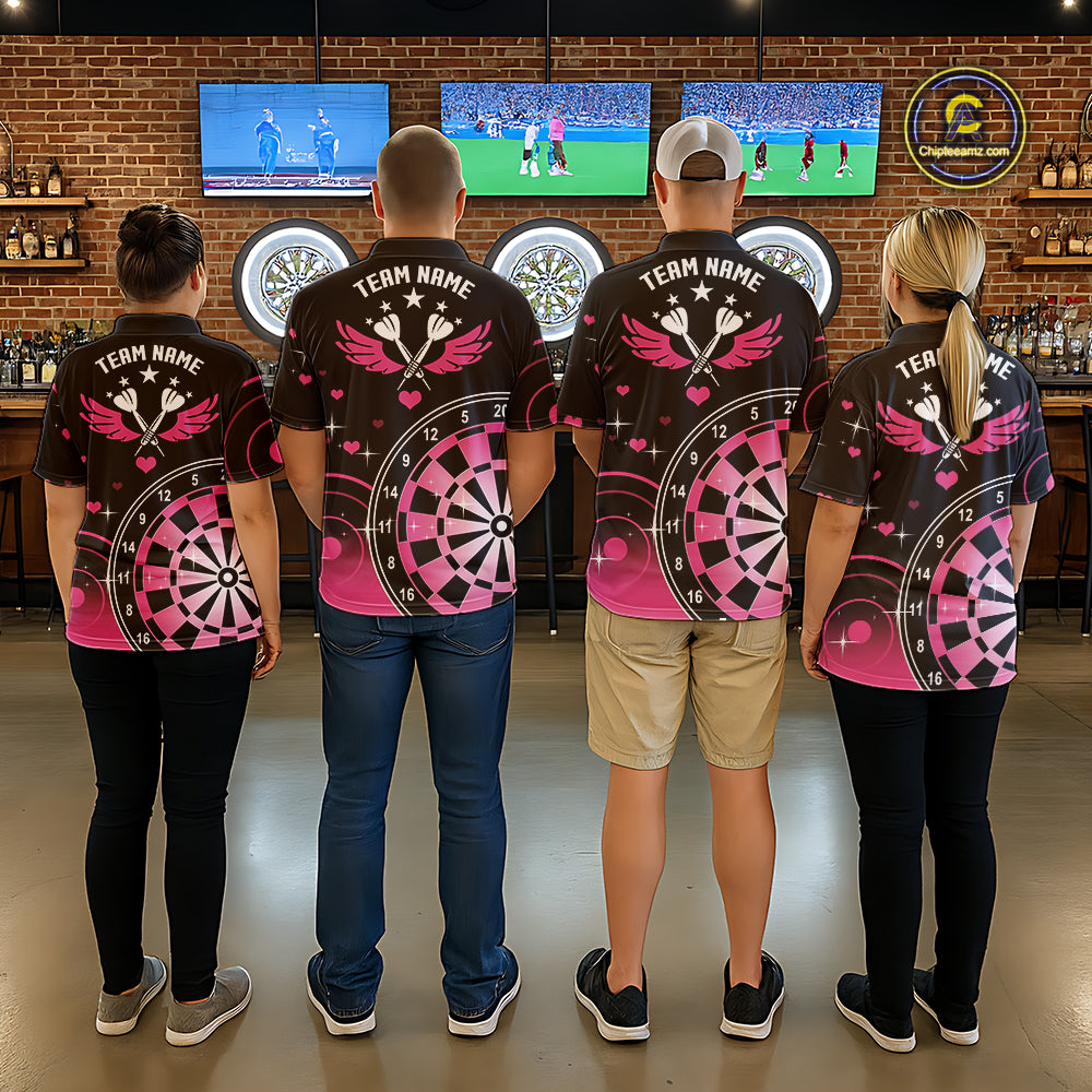 Pink And Black Darts Wings Polo & Quarter Zip Custom Darts Shirt For Women, Valentine Darts Gifts TDM5765