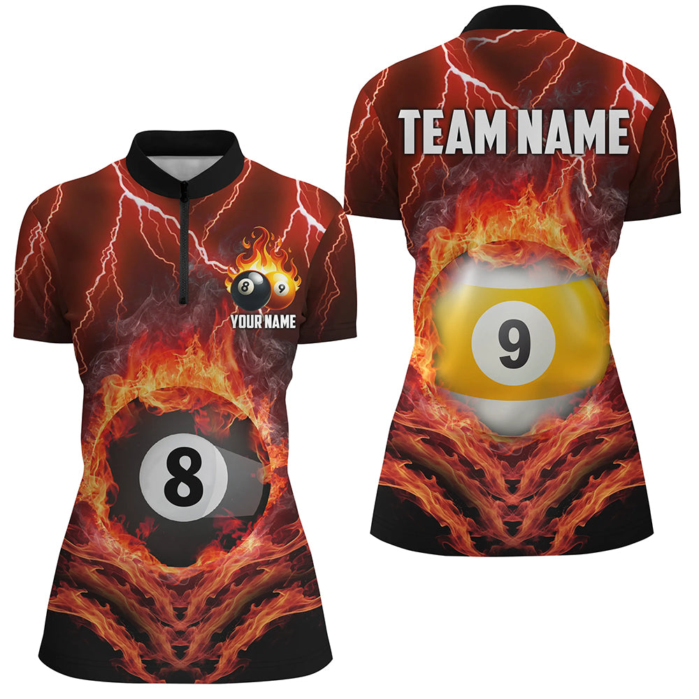 Billiard 8 Ball & 9 Ball Fire Lightning Women Polo & 1/4 Zip Shirts Custom Billiard Jersey |Orange TDM1642