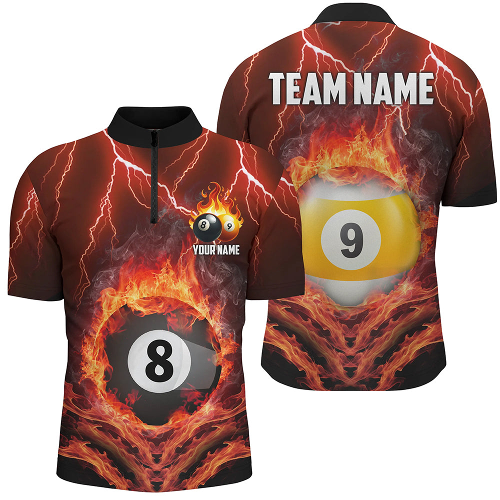 Billiard 8 Ball & 9 Ball Fire Lightning Men Polo & 1/4 Zip Shirts Cust ...