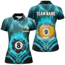 Load image into Gallery viewer, Billiard 8 Ball &amp; 9 Ball Fire Lightning Women Polo &amp; 1/4 Zip Shirts Custom Billiard Jersey |Turquoise TDM1644