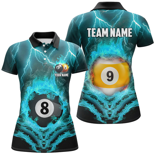 Billiard 8 Ball & 9 Ball Fire Lightning Women Polo & 1/4 Zip Shirts Custom Billiard Jersey |Turquoise TDM1644